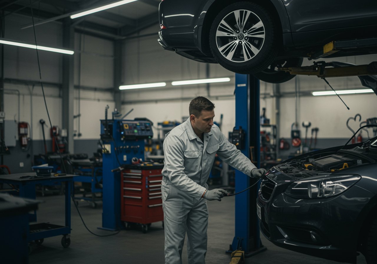 Angel "Inspector mecánico revisando un auto usado en un taller moderno con herramientas avanzadas, destacando el control de calidad y la experiencia en reparaciones automotrices."