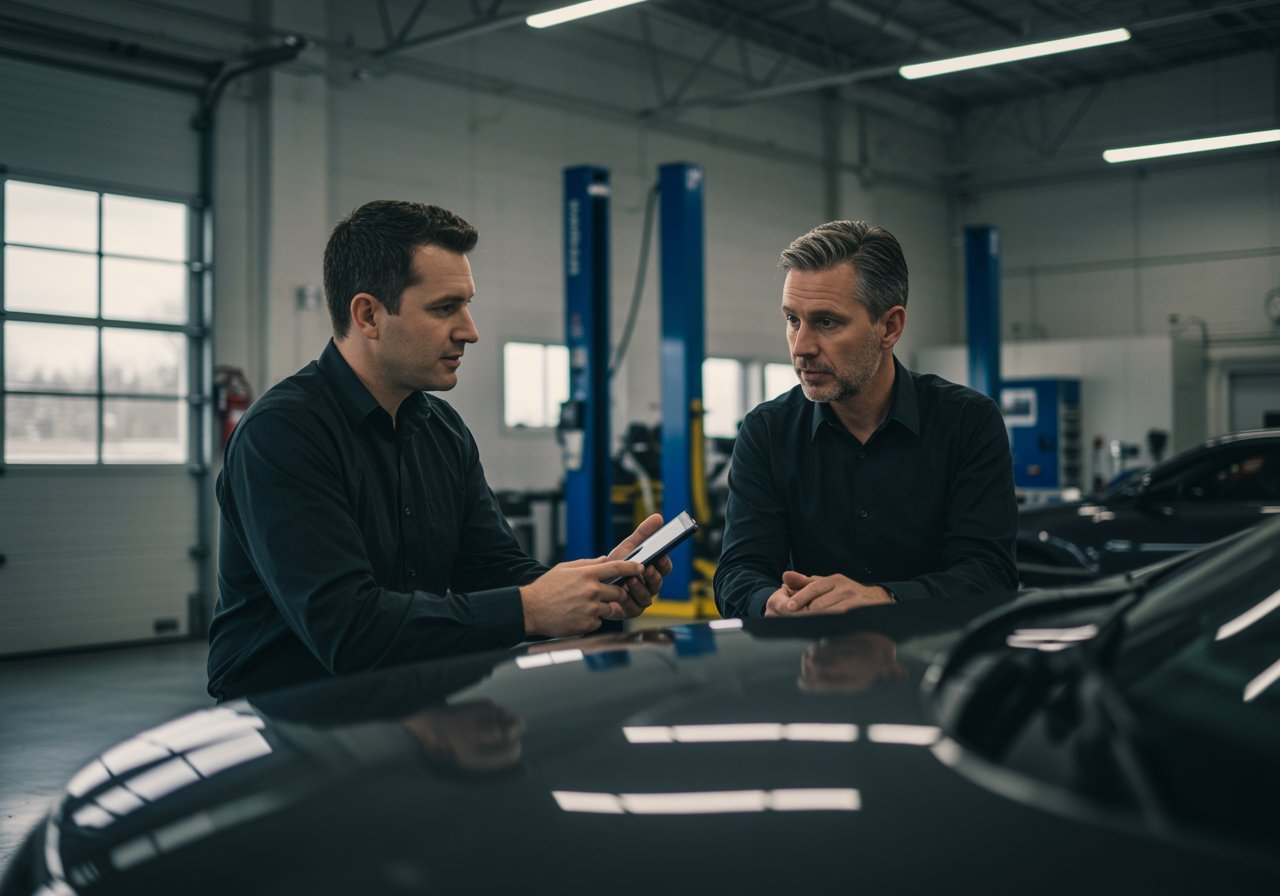 "Imagen de un profesional blanco asesorando a un cliente con un interfaz digital, destacando la fusión de arquitectura moderna y detalles automotrices, que transmite confianza y servicio excepcional."