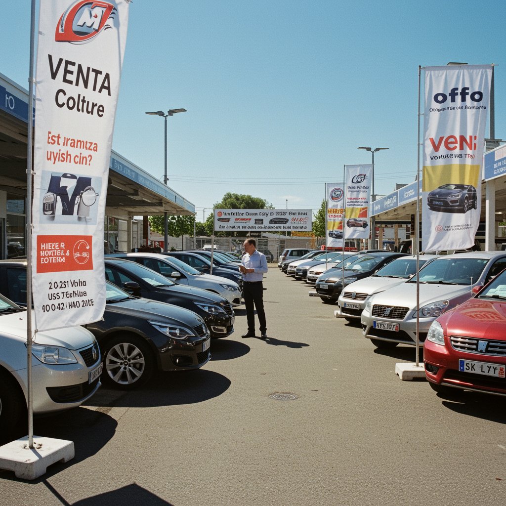 "Venta de autos usados: lote de vehículos seminuevos en un concesionario al aire libre con representante de ventas ayudando a un cliente bajo un cielo azul."