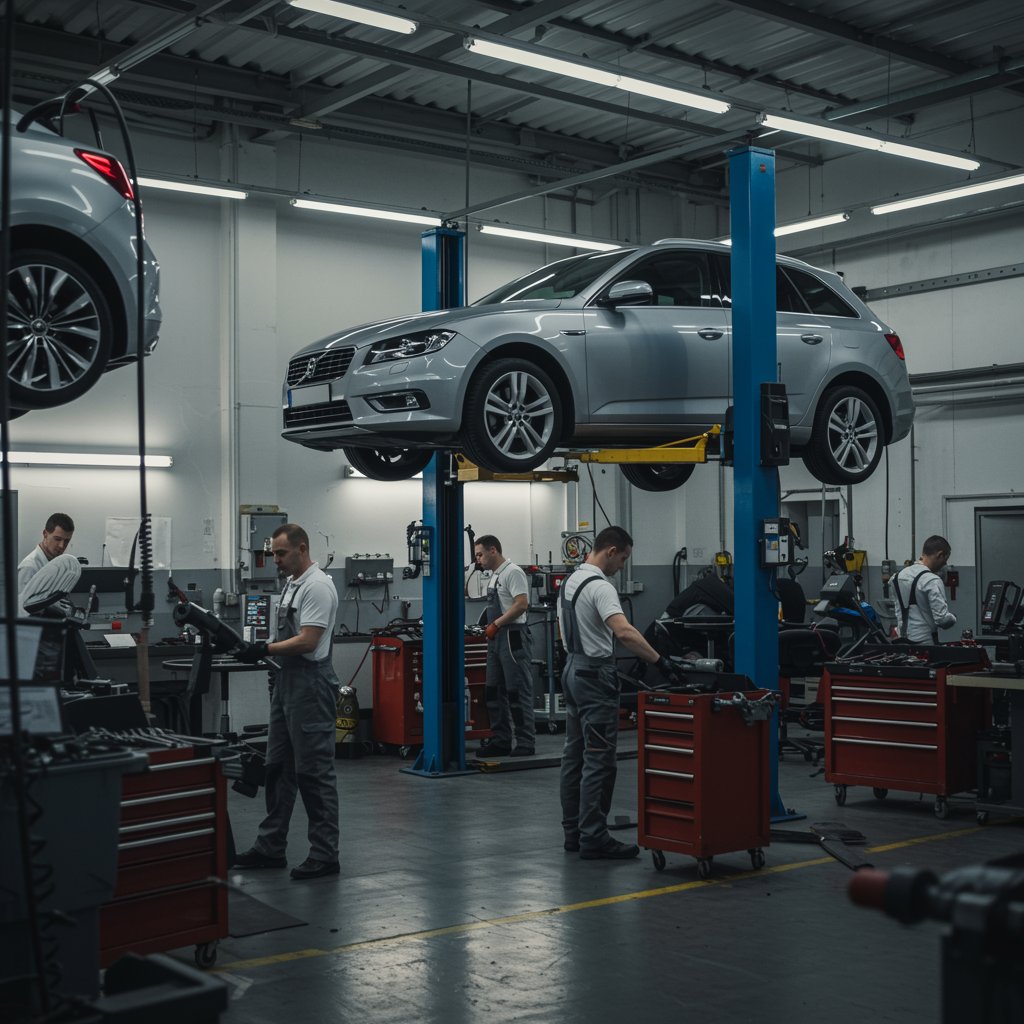 "Imagen de un taller automotriz moderno y limpio, donde mecánicos expertos trabajan en coches seminuevos con herramientas avanzadas, destacando la calidad y profesionalismo en servicios de reparación."