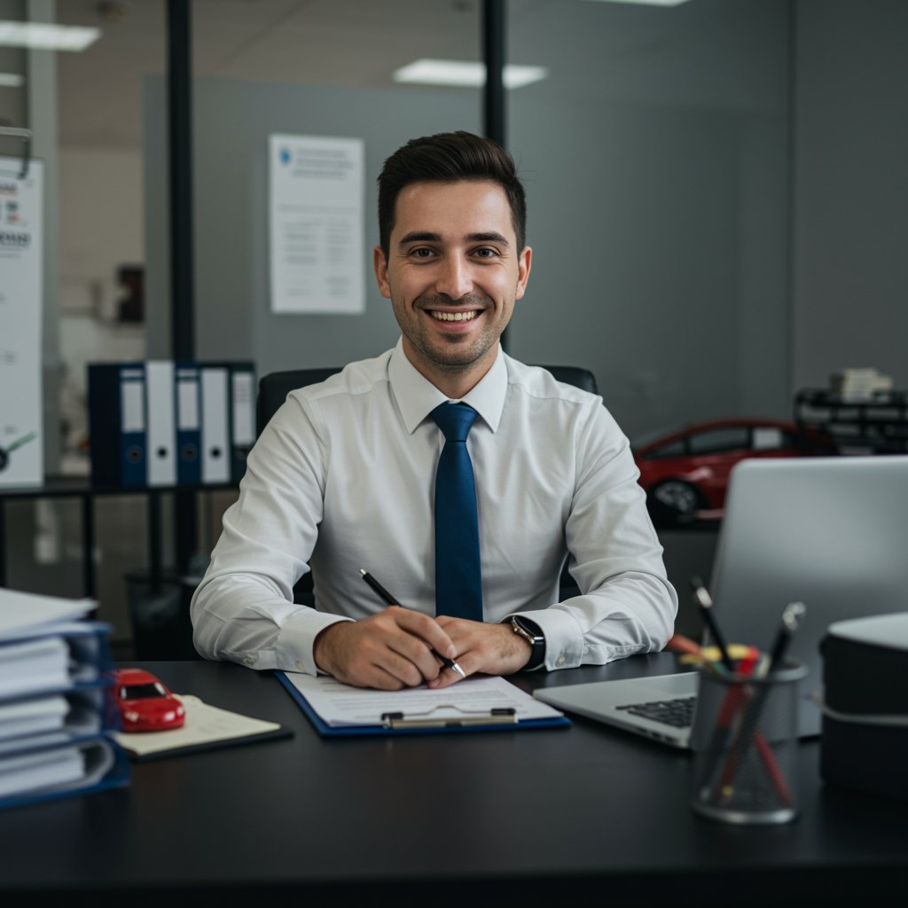 servicio urbanismo 2 "Agente de seguros en oficina profesional, ofreciendo soluciones personalizadas y confiables, rodeado de documentos y elementos automotrices."